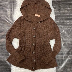 NORTHCREST BROWN HOODED BUTTON KNIT CARDIGAN SWEATER COTTAGECORE CABIN WHIMSICAL
